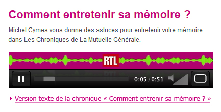 Capture d'un lecteur audio, suivi d'un lien "Version texte de la chronique "Comment entretenir sa mémoire ?".